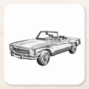 Mercedes Benz 280 SL Convertible Car Illustration Square Paper Coaster