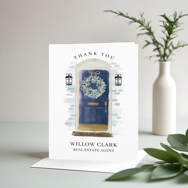 Merci à eau bleu marine porte avant et courroie (Navy Blue Watercolor Front Door & Wreath Thank You)