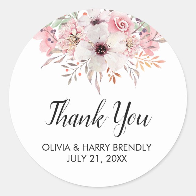 Merci Aquarelle Floral Mariage Favoriser Stickers (Devant)