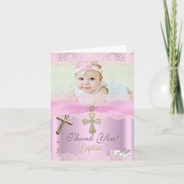 Merci Baptême Croix rose Dentelle fille (Devant)