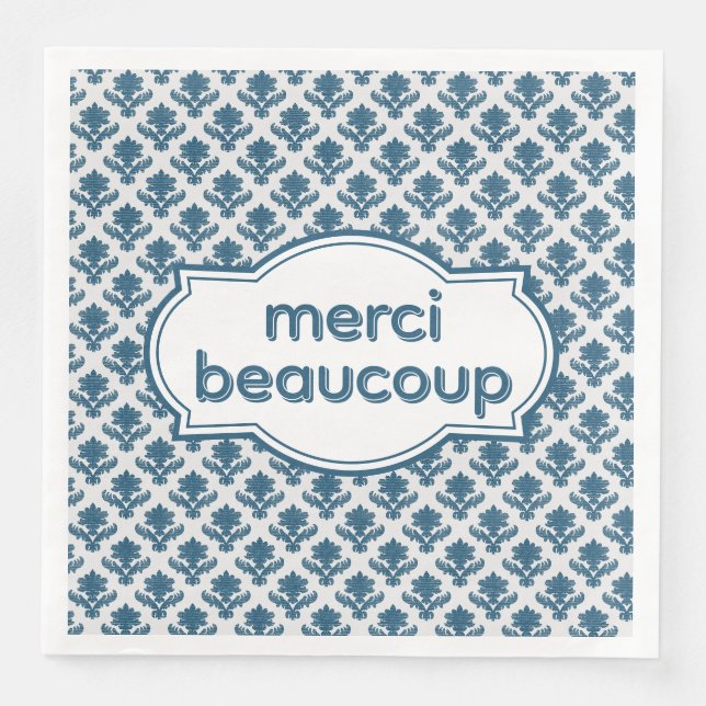 Merci Beaucoup Elegant French Tapestry Blue White Napkin (Front)