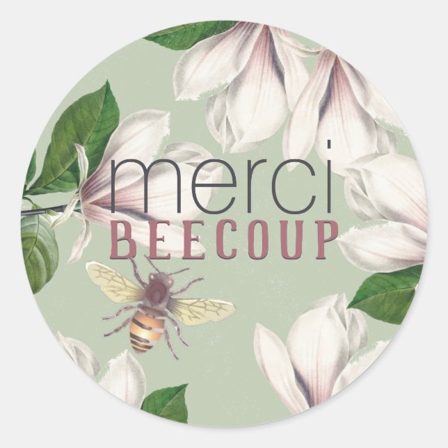 Merci Beecoup Thank You Magnolia and Bee Green Cla Classic Round Sticker (Front)