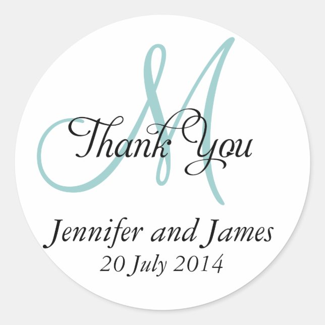 Merci bleu Mariage Favoriser Stickers Monogramme (Devant)