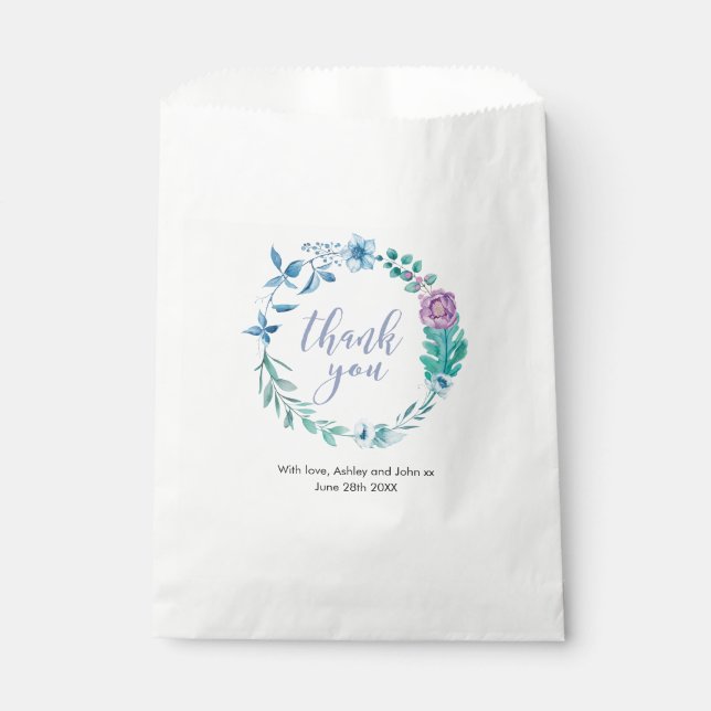 Merci bleu violet floral Mariage Favor Sacs (Devant)