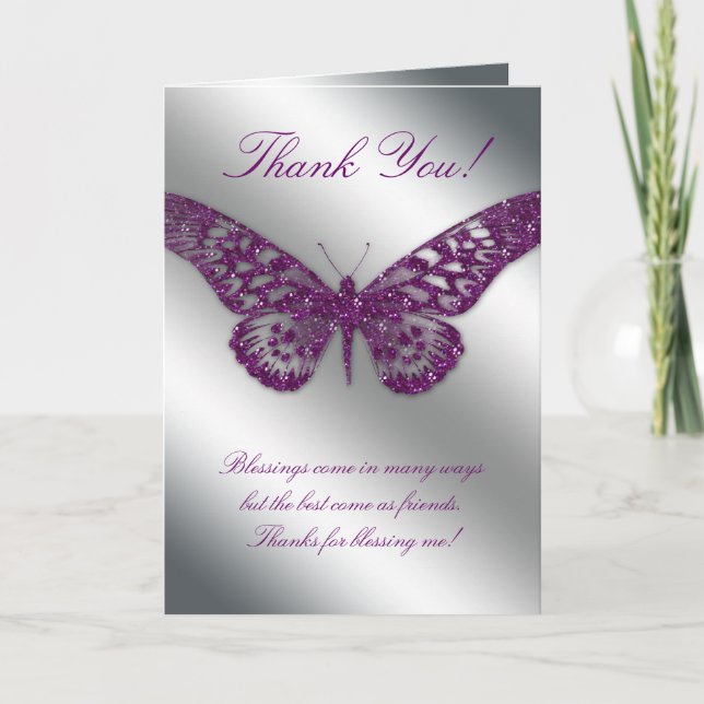 Merci Carte de voeux Papillon Purple Argent (Devant)