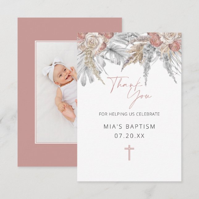 Merci Cartes pour le Baptême | Boho floral rose (Devant / Derrière)