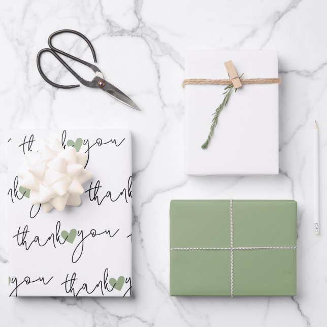 Merci Coeur Vert Blanc 3 Set Papier d'enveloppemen (Recto)