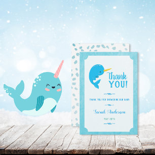 Merci de Baby shower bleu Narwhal