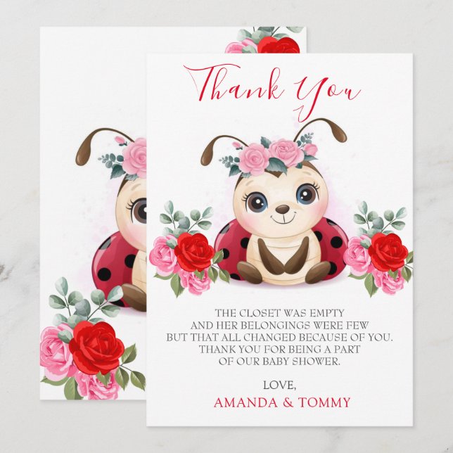 Merci de Baby shower de petite fille Ladybug (Devant / Derrière)