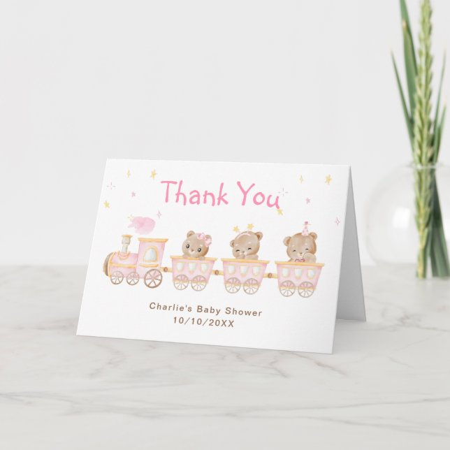 Merci de Baby shower de train rose ours (Devant)