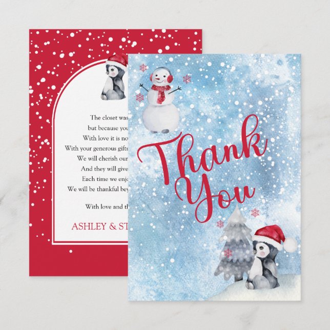 Merci de Baby shower d'hiver Penguin Snowman (Devant / Derrière)