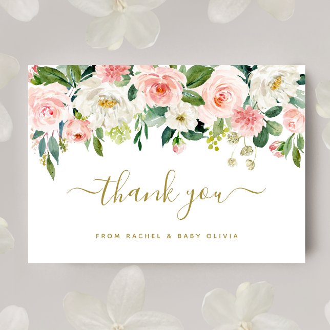 Merci de Baby shower Floral rose (Pink Floral Thank You Card)
