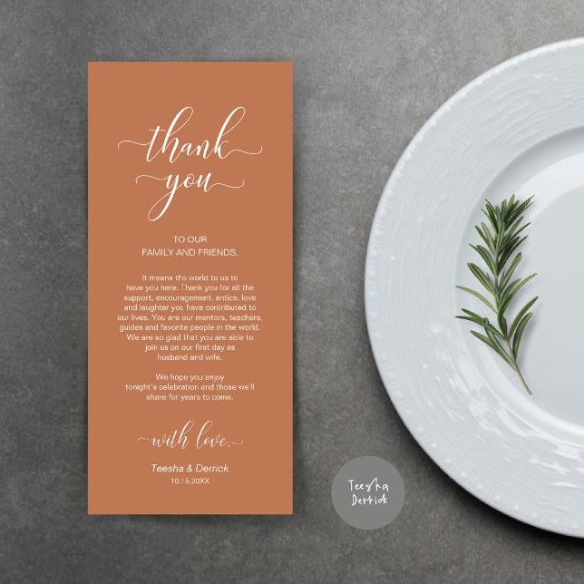 Merci de réglage, Élégante carte Brown en cuivre (Wedding Dinner Place Setting Thank You Card, Modern Classy Design, Copper Rust Brown)
