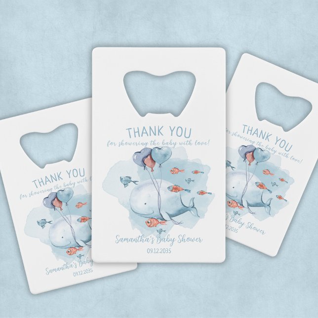 Merci d'invité du Baby shower de baleines sur mesu (Custom Whale Boy Baby Shower Guest Thank You Credit Card Bottle Opener
)