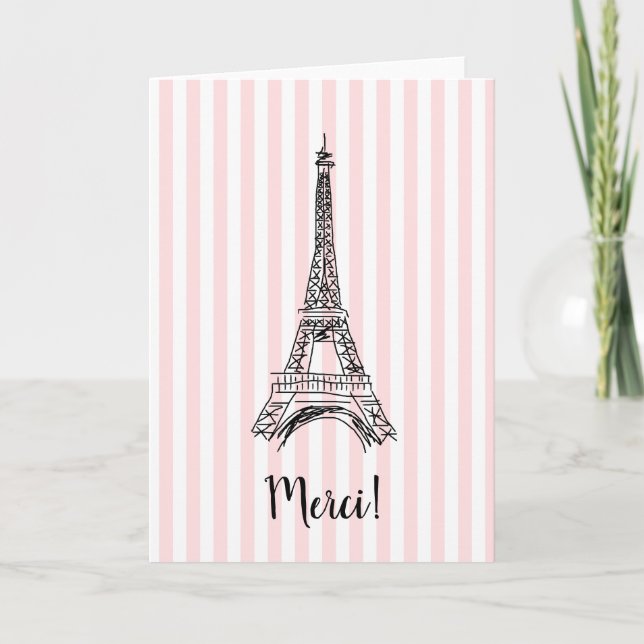 Merci Eiffel Tower Pink Stripe Paris Card (Front)