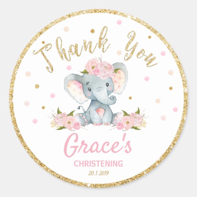Merci éléphant Sticker Étiquettes Baptême favorise (Devant)
