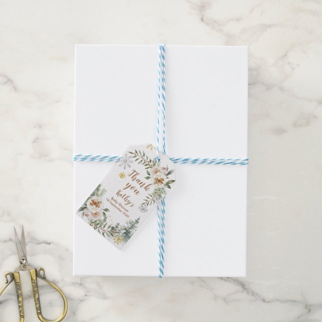 Merci Étiquette Hiver Blanc Floral Snowflakes (Avec de laficelle)