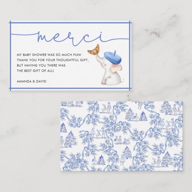 Merci French Blue Boy Baby Shower Thank Yo Enclosu Enclosure Card (Front/Back)