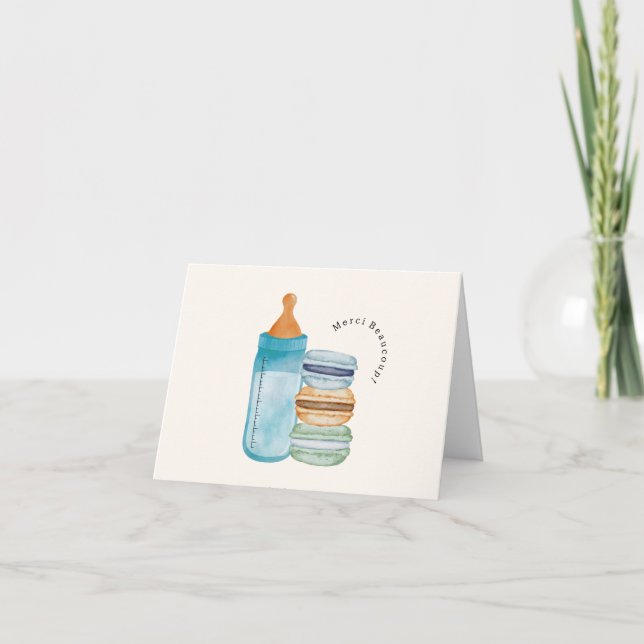 Merci French Macarons & Milk Blue Baby Shower Thank You Card (Front)