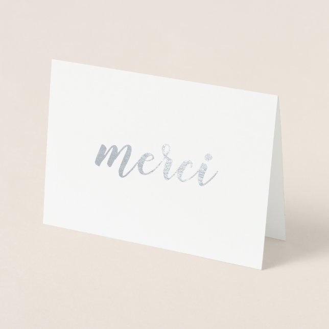 Merci French Thank You Brushstroke Script Silver Foil Card (Front)
