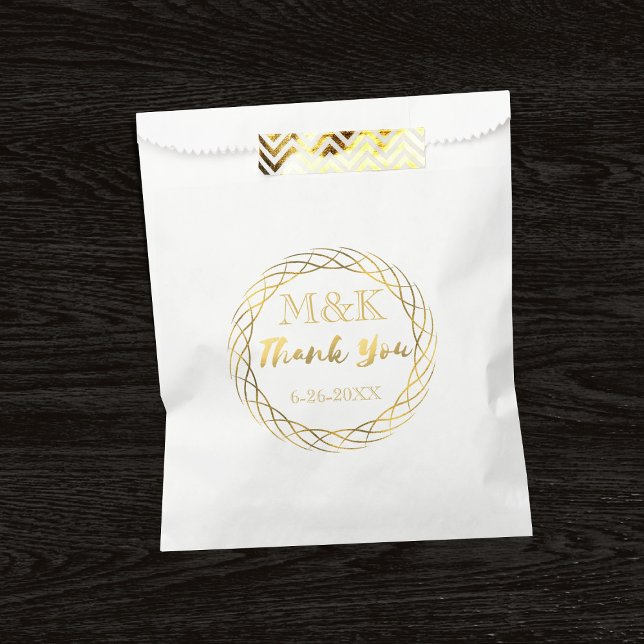 Merci Gold Wreath Monogramme Mariage Faveur Sacs (A fancy gold wreath with space for your initials and wedding date)
