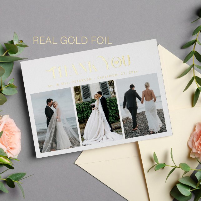 Merci mariage 3 photo élégante feuille or carte (You can choose the color of the FOIL: GOLD, ROSE GOLD or SILVER)