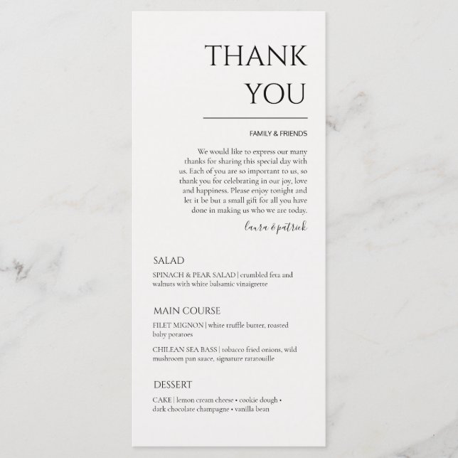 Merci Mariage moderne et menu du dîner (Devant)