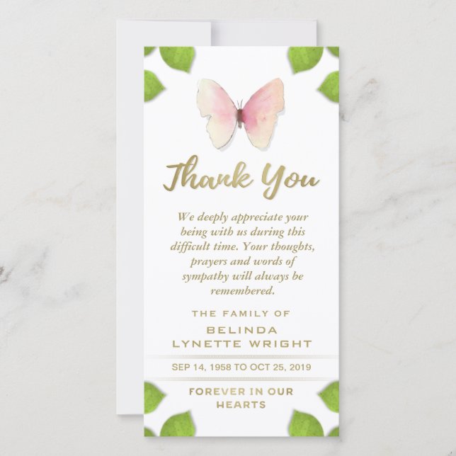 Merci papillon rose pour carte de sympathie (Devant)