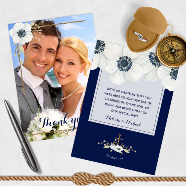 Merci photo Mariage de la marine bleue (Nautical Navy Blue Anemone Wedding Photo Thank You 📷
)