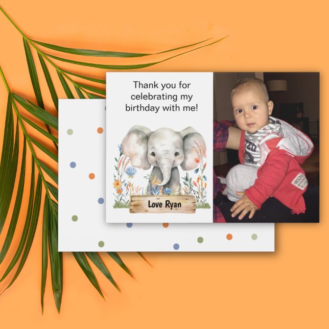 Merci photo pour enfants (Safari Jungle Elephant Colorful Flowers Dots Personalizable Photo Birthday Thank You Card)