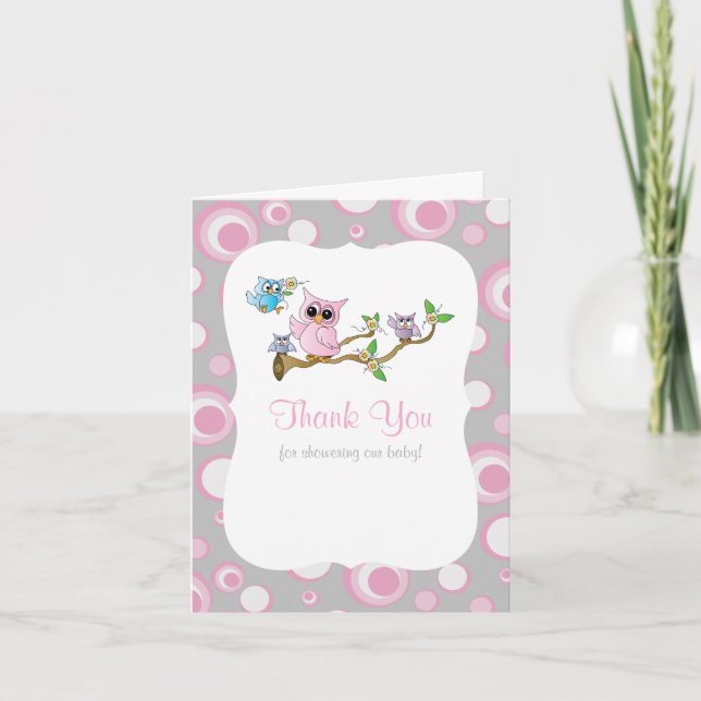 Merci rose et gris de baby shower de hibou de bébé (Devant)