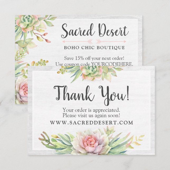 Merci Rustique Aquarelle Succulente Carte Désert (Devant / Derrière)