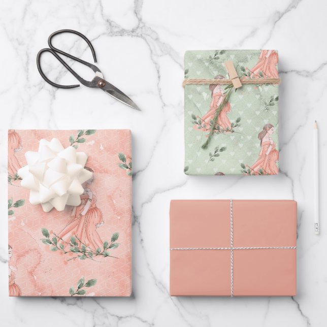 Mère attenante Bébé Fille Papier à envelopper rose (Recto)