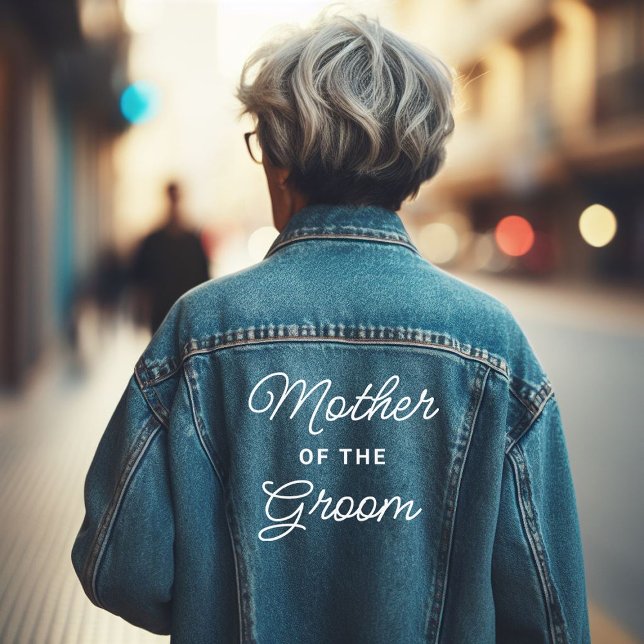 Mère Cool du Marié (Old lady wearing a denim jacket with the message "mother of the groom")