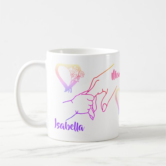 Mère & Enfant Mains & Coeurs Nom Mug (Gauche)
