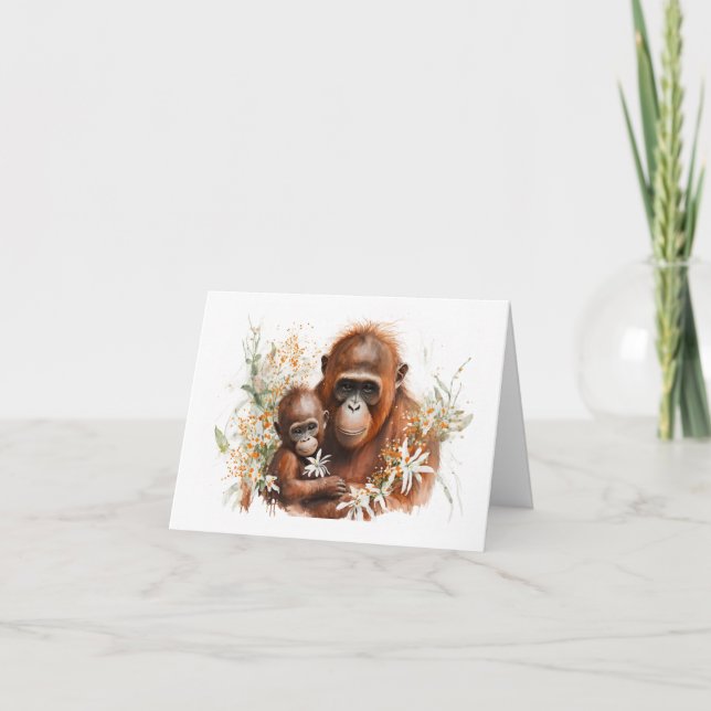 Mère et bébé Chimp avec fleurs carte de voeux (Devant)