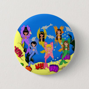 Merfairies in Ocean with Dolphins Button