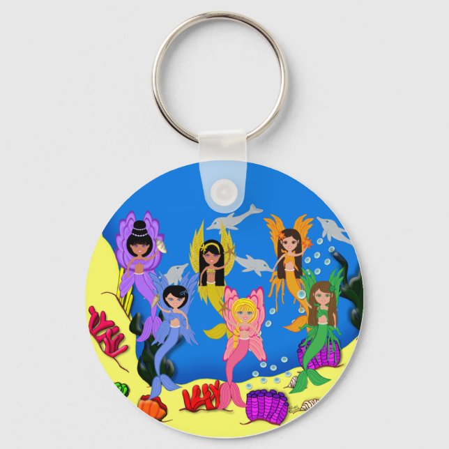 Merfairies in Ocean with Dolphins Keychain (Front)