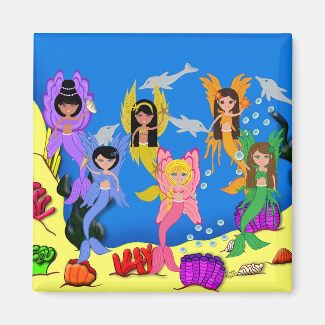 Merfairies in Ocean with Dolphins Square Magnet (Front)