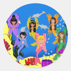 Merfairies in Ocean with Dolphins Stickers