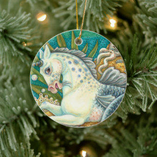 MERHORSE & WHITE OCTOPUS, FANTASY UNICORN HORSE CERAMIC ORNAMENT
