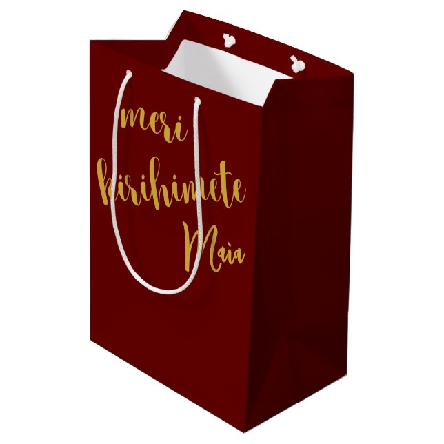 MERI KIRIHIMETE GOLD AOTEAROA NZ KIWI CHRISTMAS  MEDIUM GIFT BAG (Back Angled)