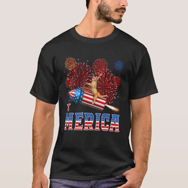 Merica 4th of July Cat Riding Firework Rocket Patr T-Shirt (Front)