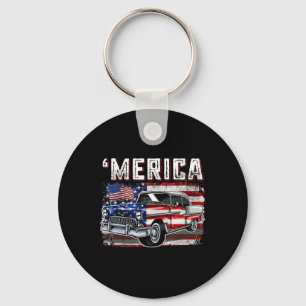 Merica American Flag Old Car 4th Of July Kids Boy Keychain