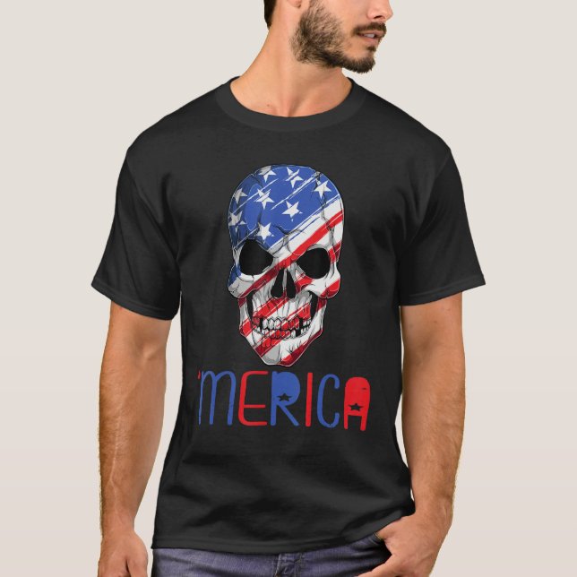 Merica American Flag Skull Sunglass 4th July T-Shirt (Front)
