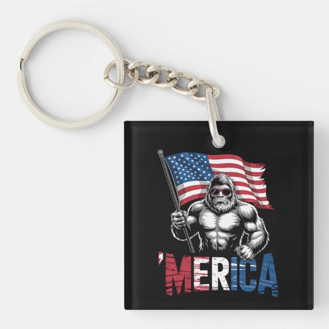 Merica Bigfoot American Flag Patriotic 4th Of July Keychain (Front)
