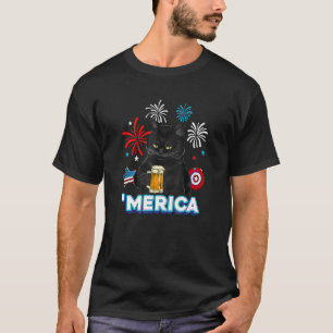 Merica Black Cat Yellow Eyes With Beer Usa Flag 4t T-Shirt