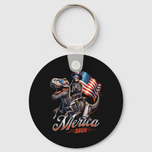 Merica Bruh Patriotic Skeleton Dinosaur T Rex 4th Keychain