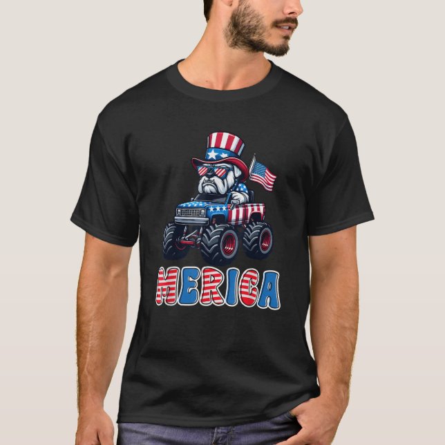 Merica Bulldog Monster Truck 4th Of July American  T-Shirt (Front)