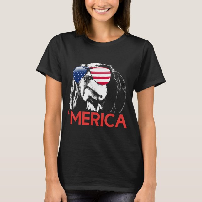 Merica Cavalier King Charles Spaniel American Flag T-Shirt (Front)